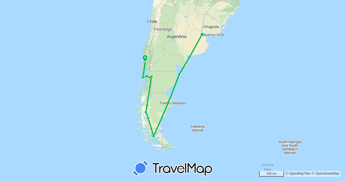 TravelMap itinerary: driving, bus in Argentina, Chile (South America)